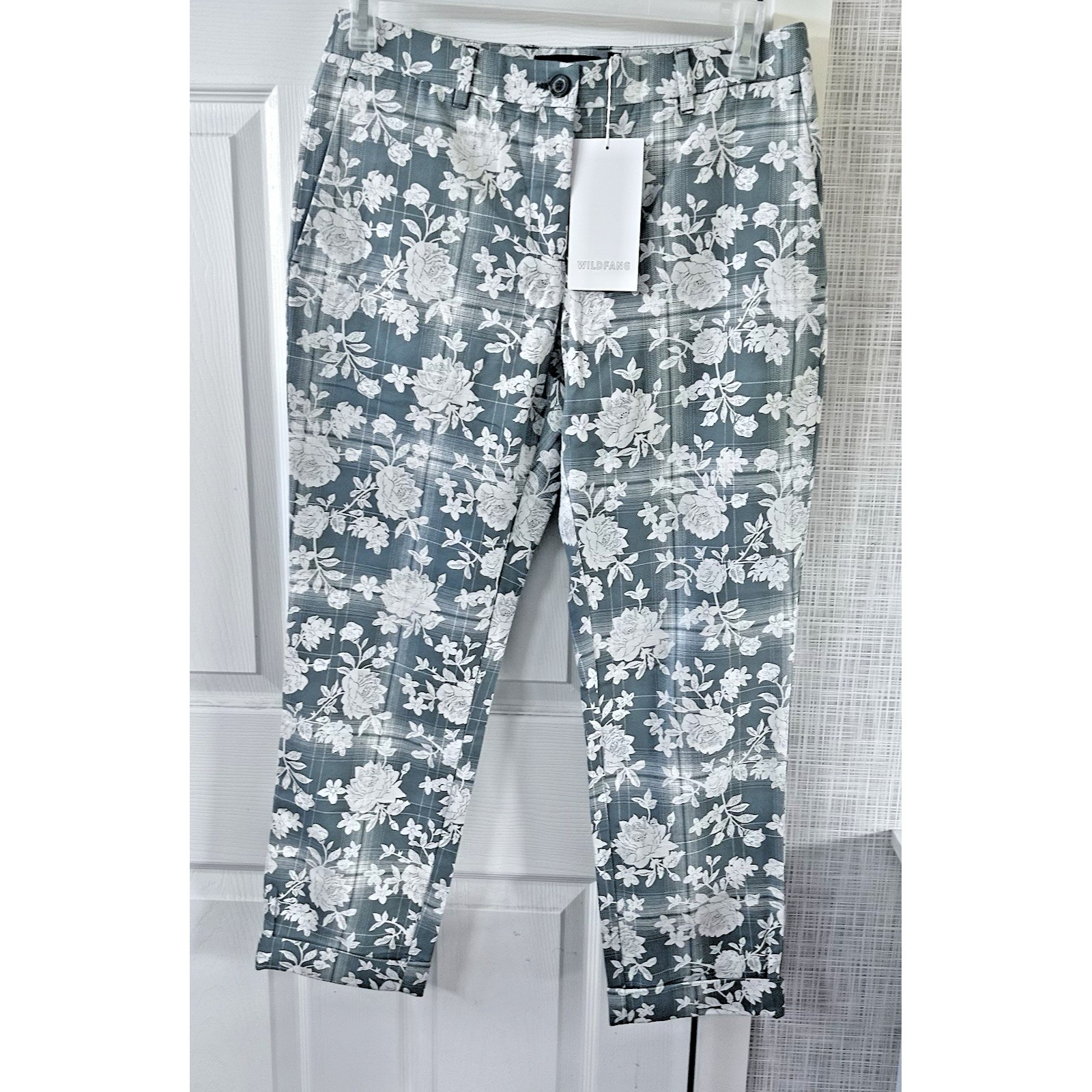 Wildfang The Essential Trouser Size 8 Green Floral Plaid Pants Cuff New Bbb